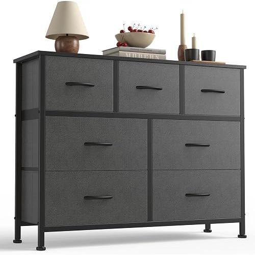 Sweetcrispy 7 Drawer Dresser for Bedroom Storage with Fabric Bins, Gray