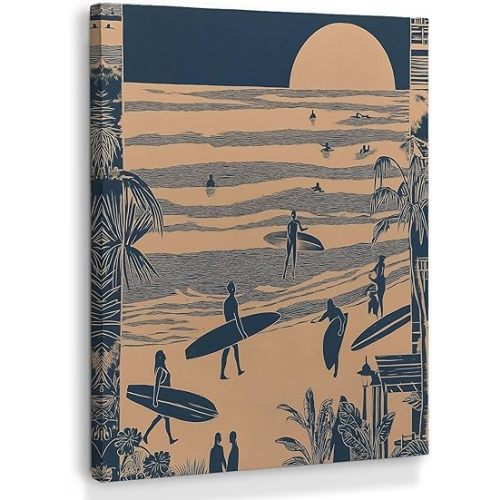 XINCEYWJ Vintage Coastal Surf Wall Art Decor, Beach Canvas Art Prints Framed, Tropical Ocean Surf Scene Seascape Pictures Wall Decorations for Home Bedroom Living Room, 11x14 Inches