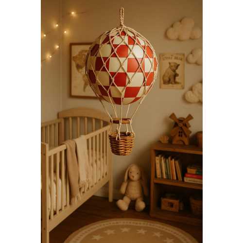 Red Checkered Hot Air Balloon Decor | Vintage Nursery Mobile | Adventure Theme Kid's Room Accessories