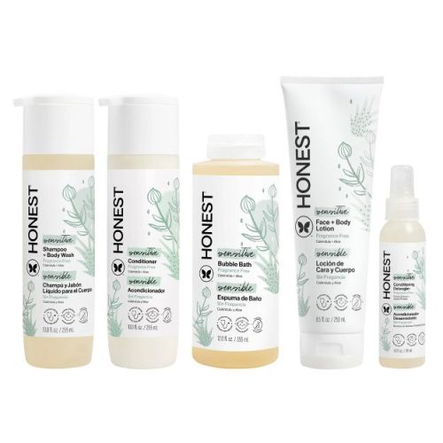 The Honest Company Sensitive Conditioner10 fl oz + Face & Body Lotion8.5 fl oz + Bubble Bath12 fl oz + Detangler4 fl oz + Shampoo + Body Wash 10 fl oz