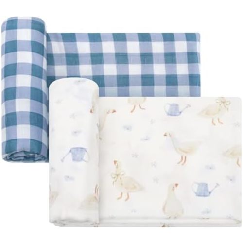 LifeTree Baby Swaddle Blankets, Boys Girls Muslin Swaddling Wrap Receiving Blanket for Newborn, 70% Viscose from Bamboo and 30% Cotton, Large 47" x 47", Duck and Checkered