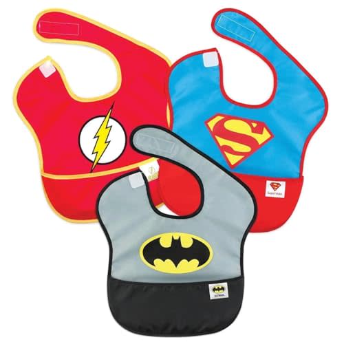 Bumkins Bibs for Girl or Boy, SuperBib Baby and Toddler for 6-24 Months, Essential Must Have for Eating, Feeding, Baby Led Weaning, Mess Saving Waterproof Soft Fabric, 3-pk DC Comics Justice League