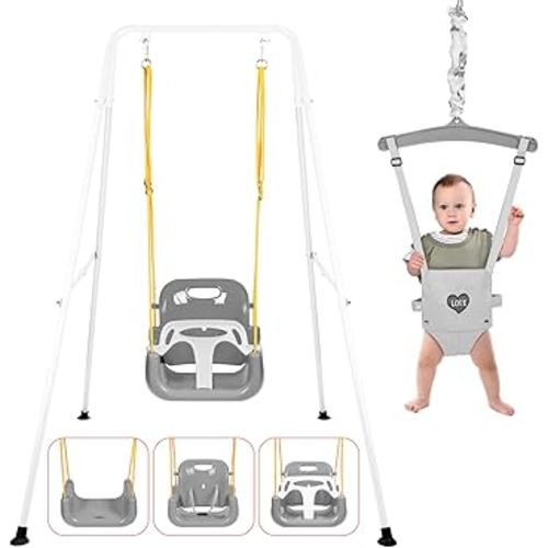 4 in 1 Toddler Swing Set & Baby Jumper, Heavy Duty Kids Swing with Bouncer, Foldable Metal Stand for Indoor & Outdoor, Easy Install & Store (White)