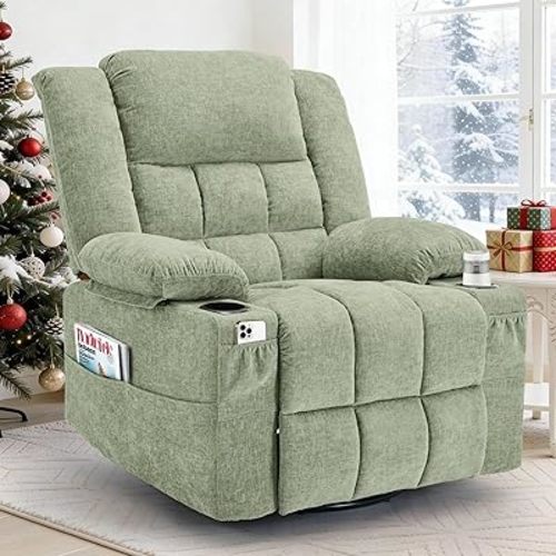 360° Swivel Rocker Recliner for Adults, Nursery Glider Recliner with Massage and Heating, Rocking Chair with Cup Holder, Manual Recliner Chair for Living Room, Bedroom (Fabric, Turquoise)