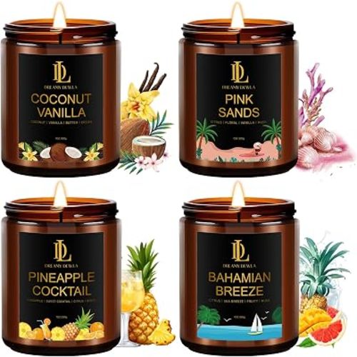 Scented Candles Set, 4 Pack Soy Candles for Home Scented, Candle Gifts for Men Women, Scents of Pineapple Cocktail/Coconut Vanilla/Pink Sands/Bahamian Breeze