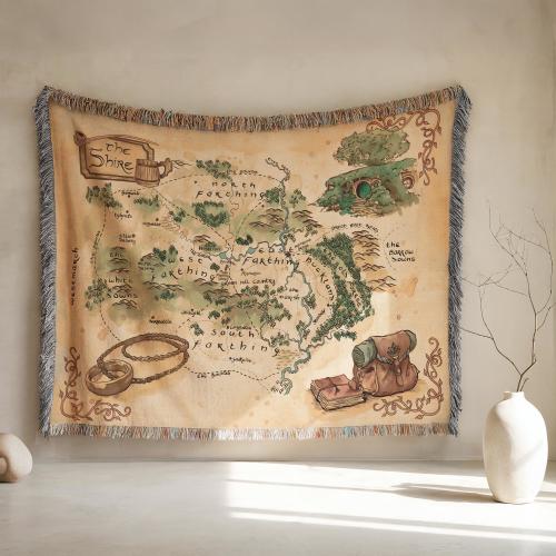 The Shire Map Woven Blanket, LOTR Hobbit Inspired Middle Earth Tapestry, Lord of the Rings Wall Decor, Fantasy Travel Gift for Tolkien Fans