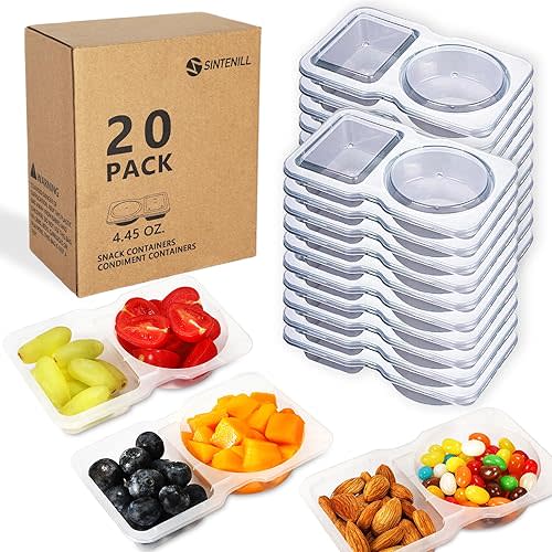 20 Sets Double Compartment Snack Containers with Lid, Reusable Snack Pack Containers for Portion Control, Meal Prep, Condiment Containers for School Office Travel, Stackable, Leakproof