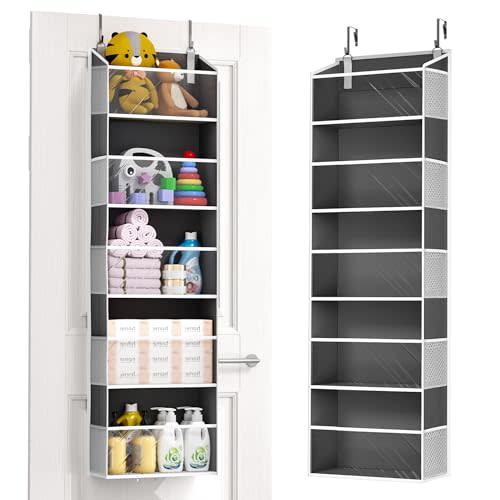 ULG 1-Pack Over Door Organizer with 5 Large Pockets 10 Mesh Side Pockets, 44 lbs Weight Capacity Hanging Storage Organizer with Clear Window for Bedroom Bathroom, RV, Clear Dark Grey