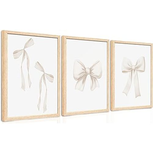 PicturePerfect Decor Bow frame wall art decoration set of 3 pieces beige aesthetic wall art fashion girl bedroom wall decoration beige bow print living room university apartment 12x16 inches