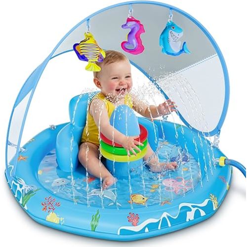 Verdenu Baby Splash Pad, Baby Pool Float with Canopy, Splash Pad with Backrest & Stackable Rings for Toddlers, Summer Outdoor Water Play Toys for Boys Girls