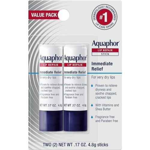 Aquaphor Lip Repair Stick, Moisturizing Lip Balm Pack, Relieves Dryness, 0.17 Oz Stick, Pack of 2