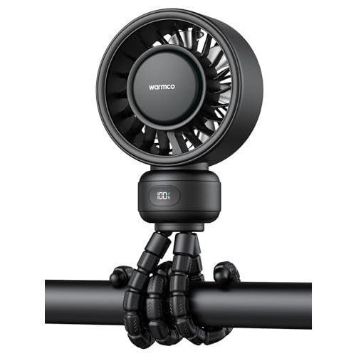 Warmco Portable Stroller Fan, 4000mAh Rechargeable Clip On Fan with Flexible Tripod (Up to 15H), 4 Speeds, LED Display, Detachable Grille, Quiet Operation, for Car Seat, Crib & Treadmill