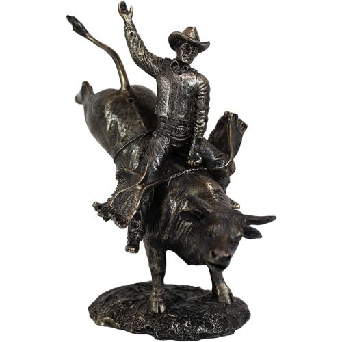 Ebros Rustic Western Cowboy On Bucking Bull Statue 10.5" Tall Faux Bronze Resin Old World Wild West Cattle Bull Riding Cowboys Themed Accent Figurine