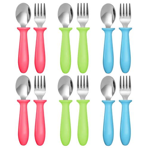 12 Pieces Toddler Utensils, Kids Silverware Set with Plastic Handle Stainless Steel Children Forks and Spoons, Dishwasher Safe (Bright Colors)