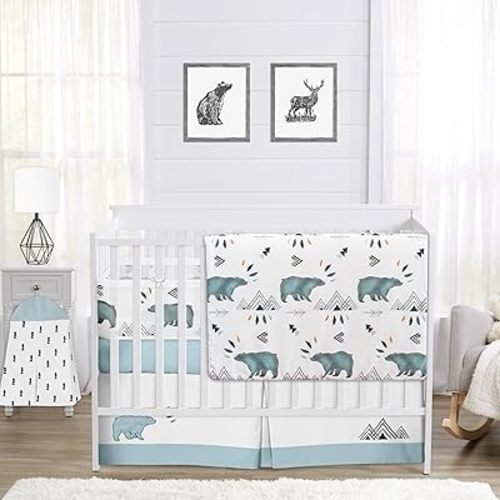Sweet Jojo Designs Bear Mountain Boy Baby Crib Bedding Set Infant Nursery Room BreathableBaby Breathable Mesh Crib Liner Blanket Fitted Sheet Skirt 6p Blue Black White Woodland Forest Mountains Arrows