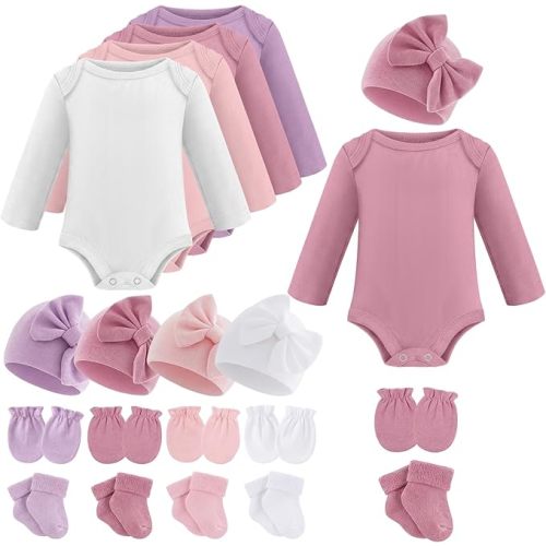 Liitrsh 4 Set Preemie Layette Bodysuit Long Sleeve Outfit Clothes Hat Mittens Socks for Nicu Premature Baby Boys Girls Gifts