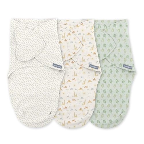 SwaddleMe by Ingenuity Monogram Collection Baby Swaddle, 100% Cotton, Improves Sleep & Calms Startle Reflex, 0-3 Months, Pocket Fold Design for Easy Changes, 1.0 TOG, 3-Pack - Safari Swaddle