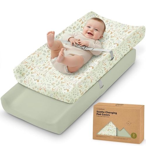 2-Pack Organic Changing Pad Covers for Girl, Boy, Neutral - 100% Cotton Changing Table Pad Cover, Soft Baby Nursery Diaper Changing Pad Sheets, Contour Changing Pads Liners, Change Pad Cover (Foxtrot)
