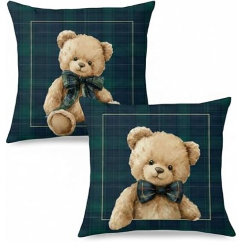 Flutesan 2 Pcs Preppy Bear Tartan Pillow Covers Baby Shower Decorations Blue Green Throw Pillow Covers Baby Bear Pillowcase Farmhouse Classic Decorative Sofa Couch Bedroom 16x16 Inch