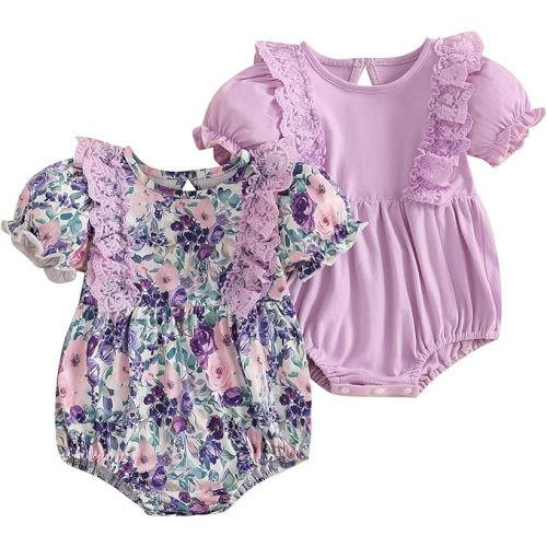 Baby Girl Bubble Romper Pack Short Sleeve Lace Bodysuit Vintage Newborn Summer Clothes