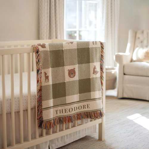 Woodland Baby Blanket Checkered Woven Blanket Custom Name Forest Animal Toddler Blanket Baby Shower Gift Personalized Tapestry Throw