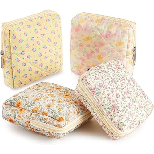 Paterr 4 Pcs Mini Quilted Floral Makeup Bag Women Gifts Small Cosmetic Bag Floral Quilted Makeup Pouch with Zipper Cute Travel Toiletry for Women Girls Gifts(Pink, Orange Flower)