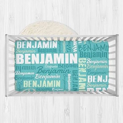 Personalized Baby Fitted Crib Sheets with Name, Custom Name Baby Crib Mattress Sheet for Boys Girls, Nursery Baby Bedding Sheet for Infant Newborn Fits Standard Mattress Toddler Bed (Cyan)