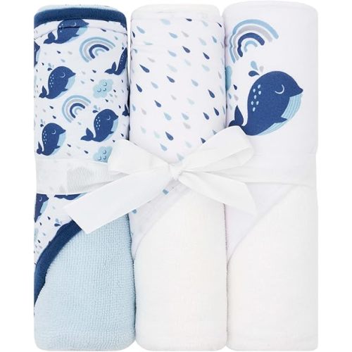 Hooded Baby Towels 3-Pack – Soft Baby Bath Towels with Hood for Newborns & Toddlers, Baby Hooded Towel Set, 30" x 26" (Whales)