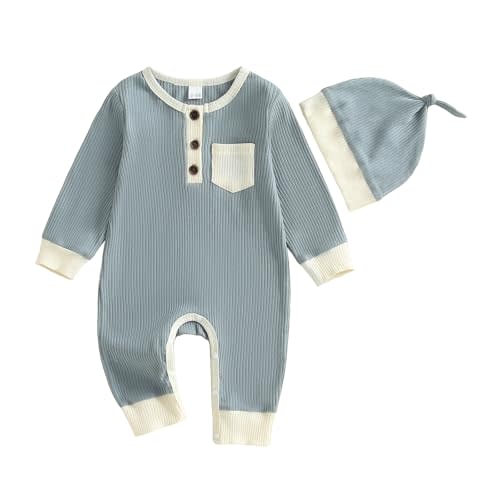fhutpw Baby Boy Ribbed Knit Clothes Long Sleeve Henley Romper Jumpsuit | Infant Bodysuit and Hat, Newborn Onesie, 3 6 9 12 Months, Fall Winter Outfits, Rib Knit Set, Easy Diaper Changes