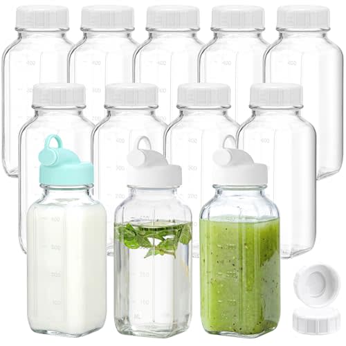 CUCUMI 12 Pack 16 Oz Glass Milk Bottles with Lids | Glass Juice Bottles with Scale & Silicone Pour Spout, Juice Containers Drinking Jars for Milk, Coffee, Smoothies, Water