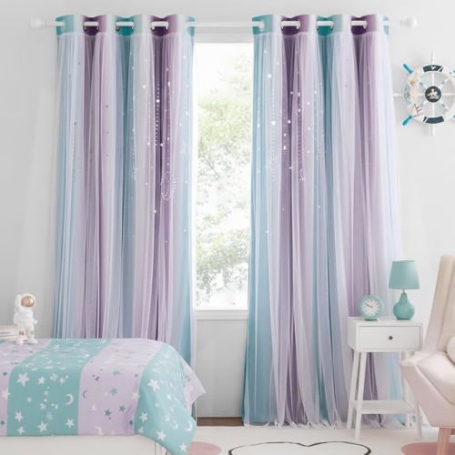 NICETOWN Moon Star Curtains for Nursery, Double Layer Rainbow Blackout Grommet Ombre Curtains with Sheer for Living Room, Nursery, Girls Bedroom 1 Pair, 52W x 84L, Teal & Purple