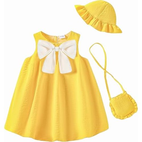 SODLON Baby Girl Dress Summer Clothes Bow Bubble Dresses Infant 3-Piece Outfits Toddler Girls Linen Sleeveless Sundress 3M-3T