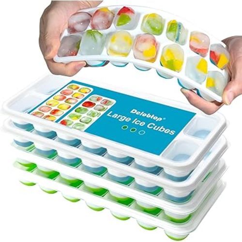 DclobTop Ice Cube Trays for Freezer - Easy Release Silicone Ice Trays with Spill-Resistant Lids, 56 Reusable Ice Cubes, Stackable, BPA-Free, Green&Blue-4 packs