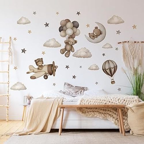 Teddy Bear Wall Decals - Cartoon Bear Air Balloon Star Moon Cloud Wall Stickers for Kids Room Girls and Boys Bedroom Baby Room Nursery Decoration (Coffee Brown Bear Wall Decal)