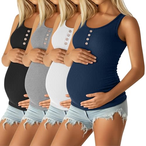 4 Pack Maternity Henley Tank Tops | Pregnancy Sleeveless Top, Ribbed Knit, 92% Cotton, Scoop Neck, Side Ruched, Breathable and Stretchy, Casual, Summer