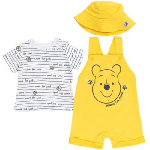 Disney Winnie the Pooh Baby Boys' Snap Closure French Terry Overalls and Printed Shirt Outfit with Sun Hat Yellow 6-9 Months