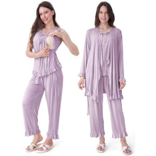 SUNNYBUY Maternity Nursing Pajamas Robe Set 3PCS Ruffle Bowknot Postpartum Breastfeeding PJs for Hospital Labor Delivery