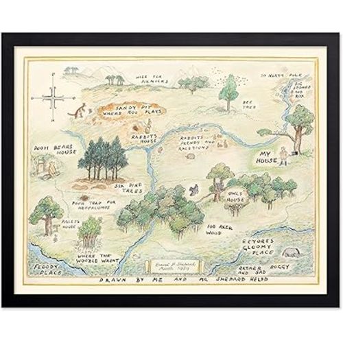 Monem Art Vintage Illustration Poster - Retro Landscape Print - Gift for Baby, Kid - 100 Acre Wood Map, Bear, Pig, Animal, Famous Cartoon - Wall Decor for Bedroom Nursery, 16x20 Black Framed
