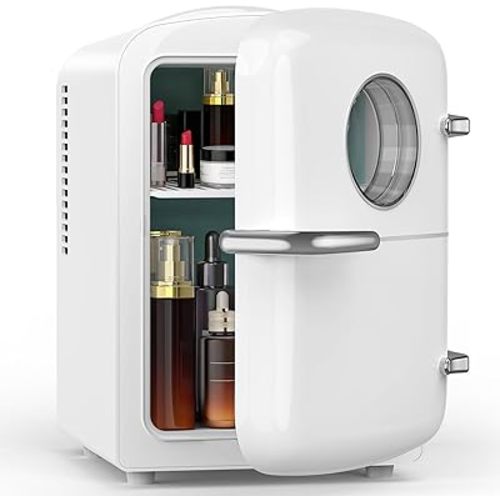 Mini Fridge for Bedroom, 4L/6 Cans Small Cosmetic Fridge for Skincare, Makeup & Drink, With Observation Window, Portable Desk Fridge Cooler and Warmer for Kids, Car, Office, Dorm, White
