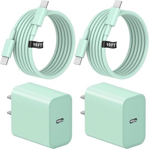 10 Ft iPhone 16 15 Charger Fast Charging USB C Charger Block Type C Chagrer Fast Charging 2-Pack for iPhone 16/16 Plus/16 Pro/16 Pro Max/iPhone 15/15 Pro Max/Samsung(Green)