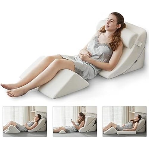 Ganaver 4pcs Orthopedic Bed Wedge Pillow Set Post Surgery Relaxing Back Adjustable Head Support Cushion Triangle Memory Foam Pillow for Acid Reflux Sleeping Reading Leg Elevation Snoring White