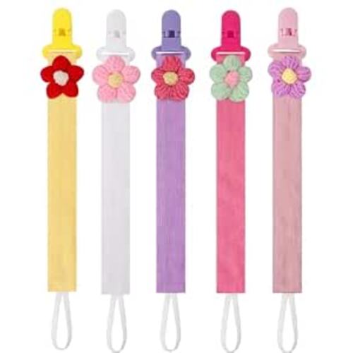 5 Pack Pacifier Clips for Baby Girls, Multicolor Fabric Straps,5pcs Straps, Approx. 11 in / 29 cm, Resin Clips with Inner Grip Design, Fits Most Pacifiers with Handles(8)