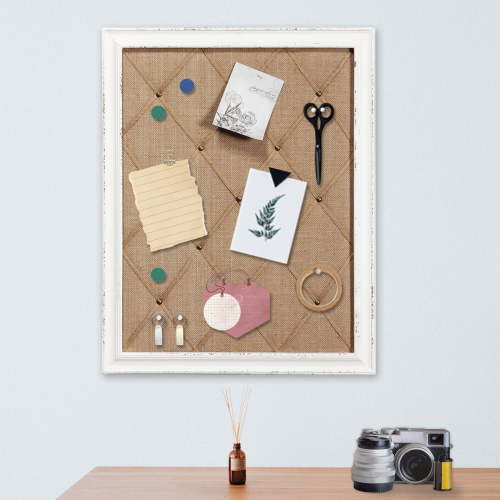 Antique White Linen Fabric Pin Board, 21"×27" Message Board Wall Decor, Burlap Bulletin Board Picture Memo Board, Large Cork Vision Boards for Walls with Frame