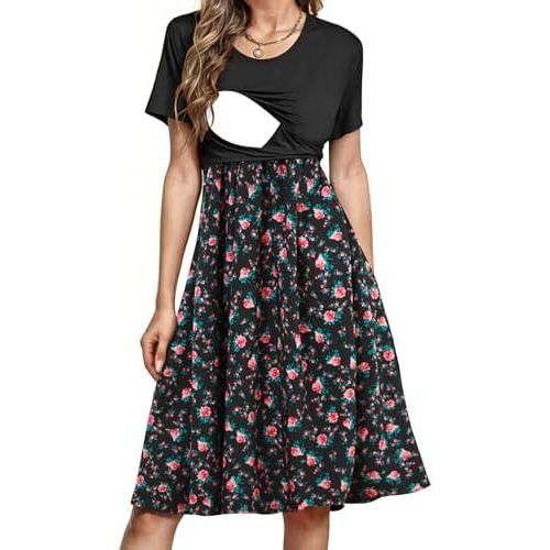 PARNIXS Women's Nursing Dress Summer Short Sleeve Patchwork Pregnancy Clothes with Pockets