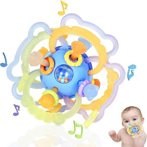 Baby Rattle Teething Toys, Baby Ball Teether Toys for 0 3 6 9 12 18 Months, Silicone Montessori Teethers with Rattle Ball for Newborn Infant, Sensory Delopmental Gift for Boys Girls, Blue