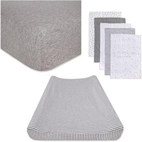 Burt's Bees Baby Unisex Baby Gift Set - Crib Sheet, Changing Pad Cover & Burp Cloths, 100% Organic Cotton Essentials Bundle