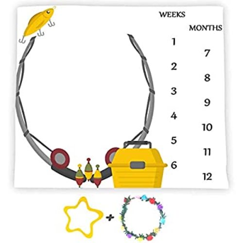 Fishing Rod Baby Monthly Milestone Blanket, 40x40in Pure White Backgrounds Blanket, Unisex Newborn Boy Growth Tracker, 2 Bonus Marker LHFS677 - 40x40inch