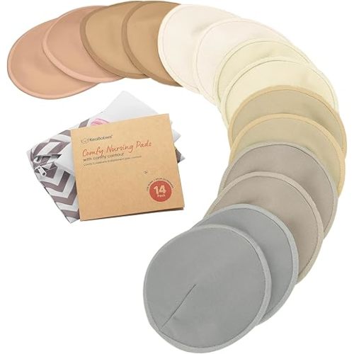 Organic Nursing Pads - 14 Washable Breast Pads for Breastfeeding, Wash Bag, Viscose Derived from Bamboo Reusable Nipple Covers for Breastfeeding Essentials, Soft & Absorbent (Earth, M 3.9")