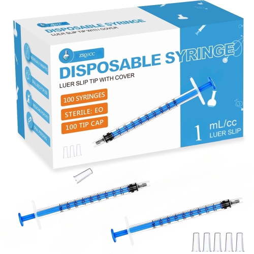 Blue 100 Pack 1ml /1cc Syringe with Cap Oral Syringes without needle for Liquid Measuring, Scientific Labs, Feeding Small Pets, Medical Student, Oil or Glue Applicator-Individually Sealed, Luer Slip