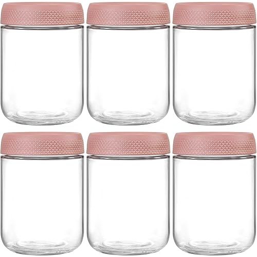 NETANY 6-pack 16oz Glass jars with Airtight Lids, Overnight Oats Containers with Lids, Wide mouth Mason Salad jars, Glass Food Storage Containers for Snacks Yogurt Spice Sugar-Pink